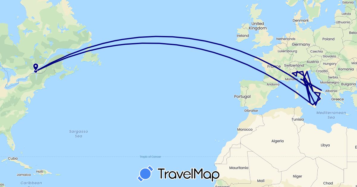 TravelMap itinerary: driving in Canada, Italy (Europe, North America)
